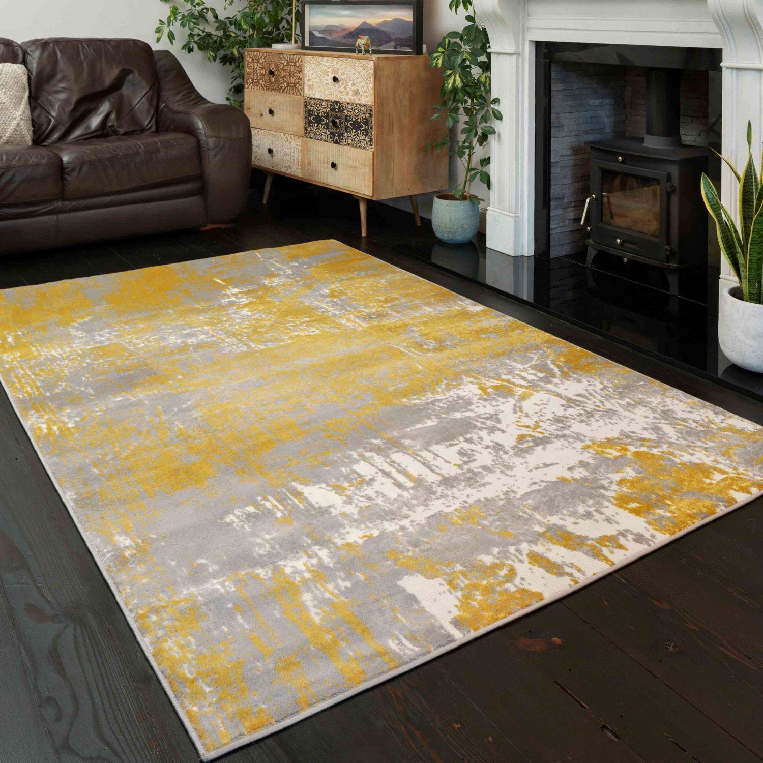 Modern Yellow Ochre Distressed Large Living Room Rugs | Living Room ...