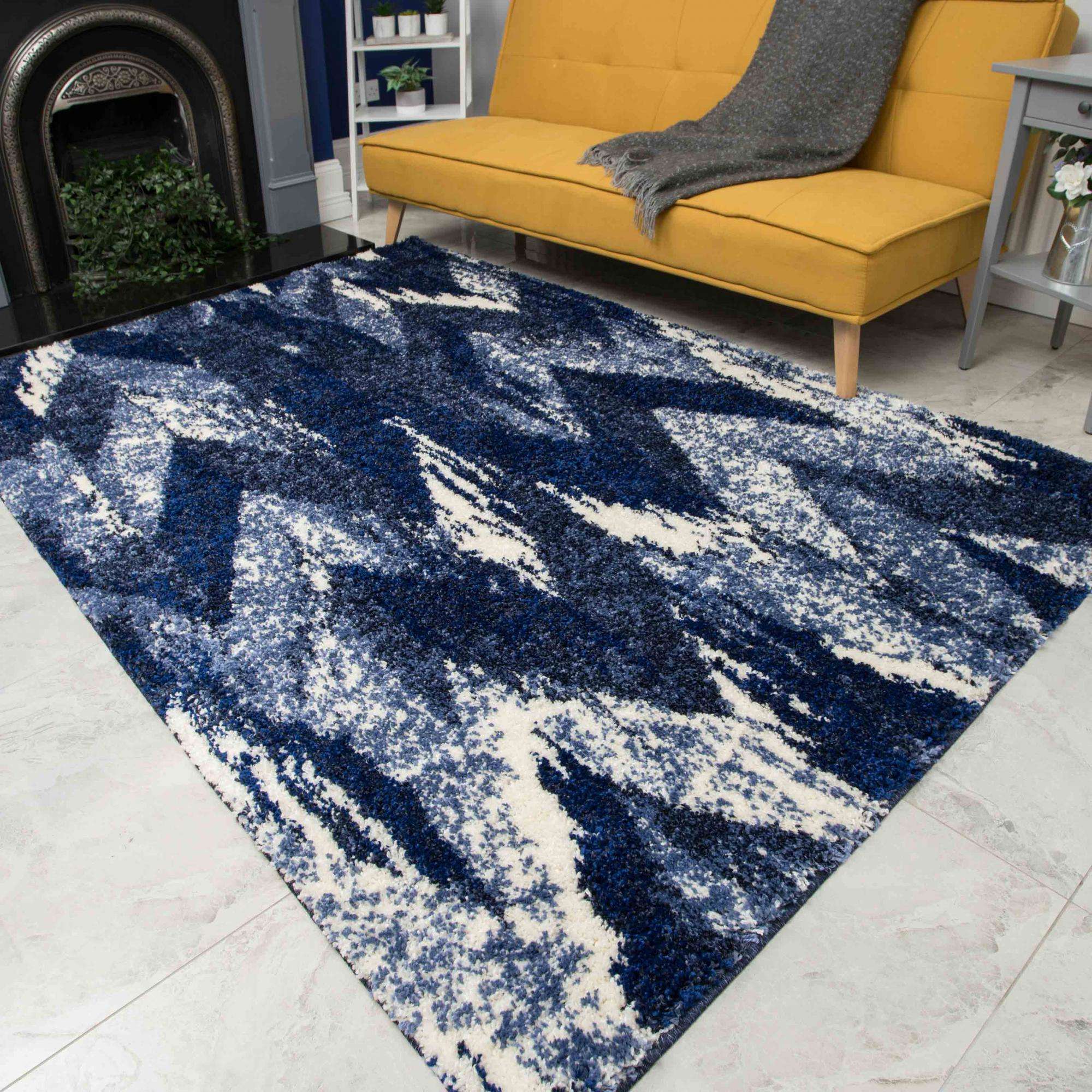 Blue Navy Chevron Mottled Shaggy Living Room Rug