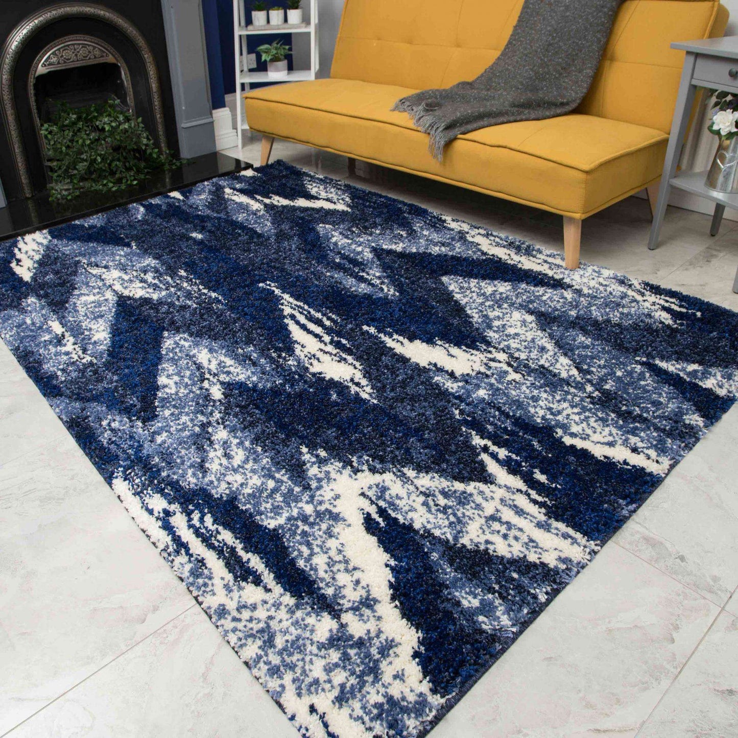 Blue Navy Chevron Mottled Shaggy Living Room Rug - Murano | Living Room ...