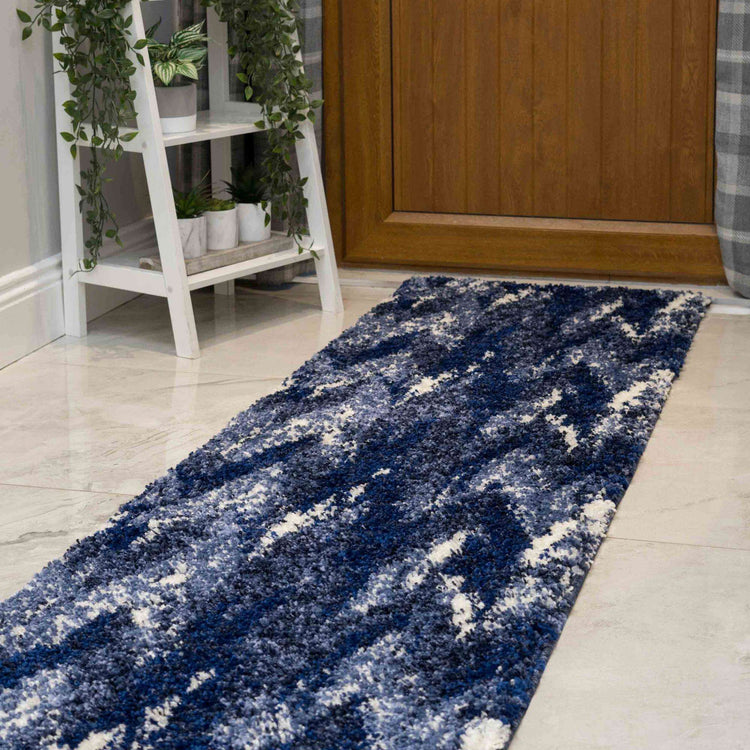Blue Navy Chevron Mottled Shaggy Living Room Rug