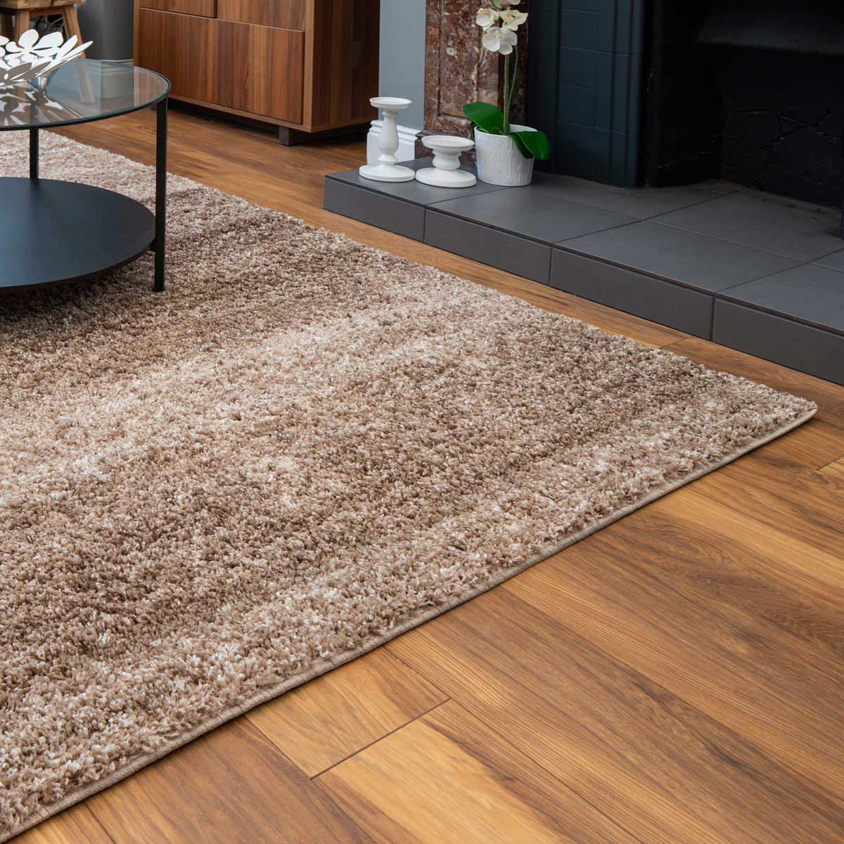 Beige Stripe Shaggy Rug Living Room