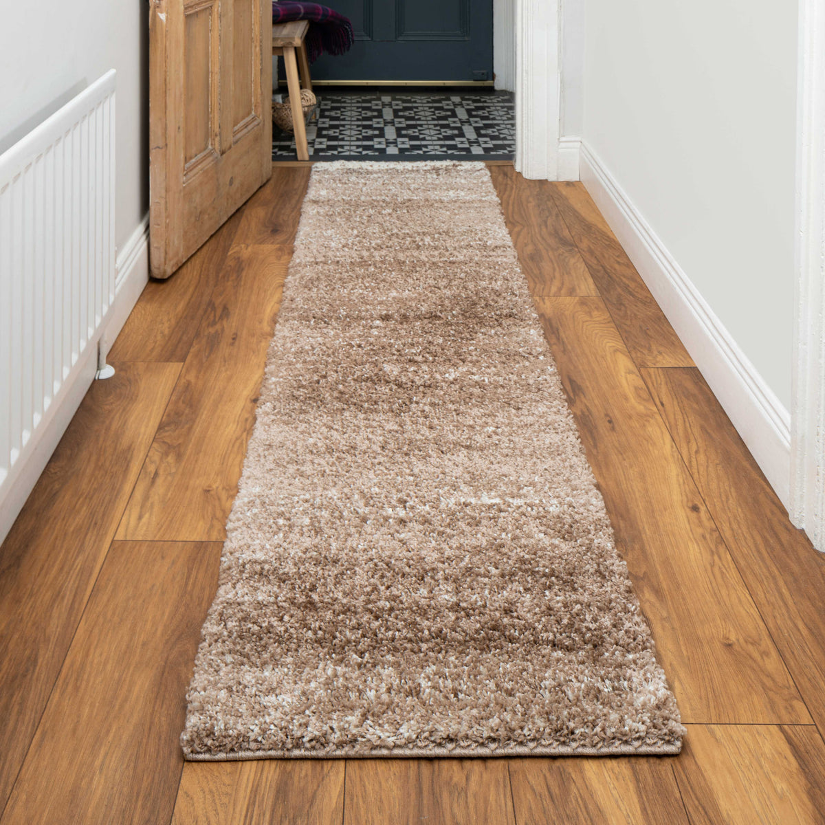 Beige Stripe Shaggy Rug Living Room