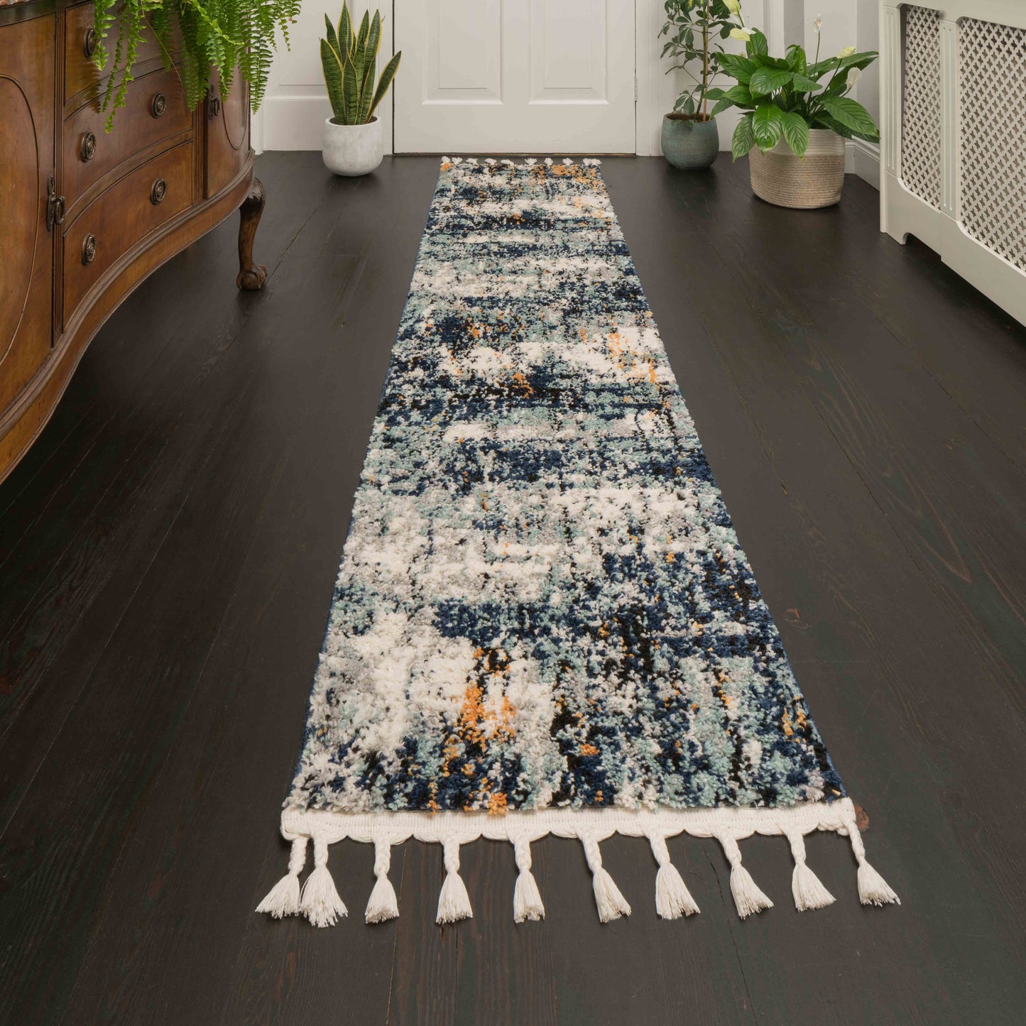 Blue Artwork Distressed Colourful Hall Runner Rugs