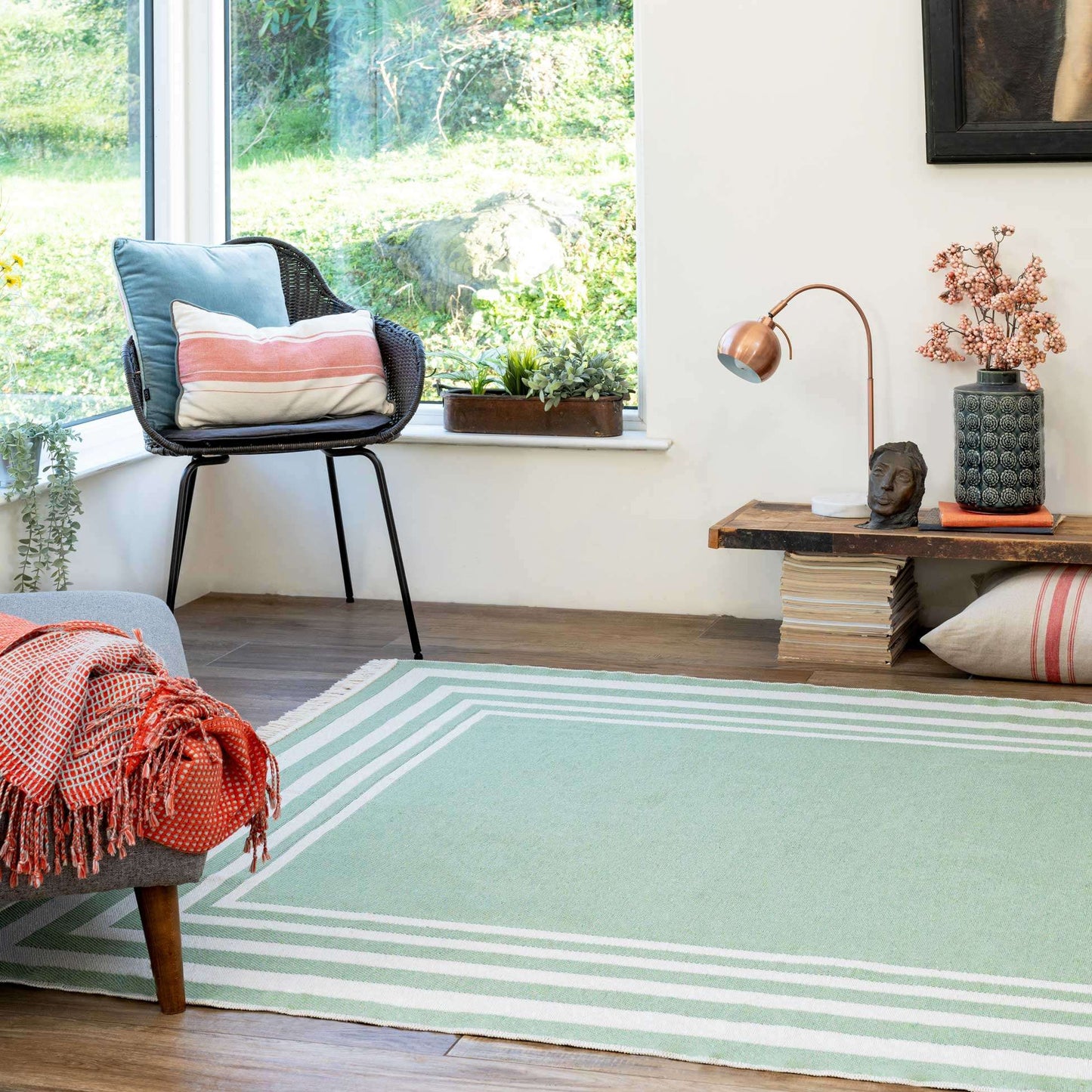 Reversible Cotton Green Bordered Rug