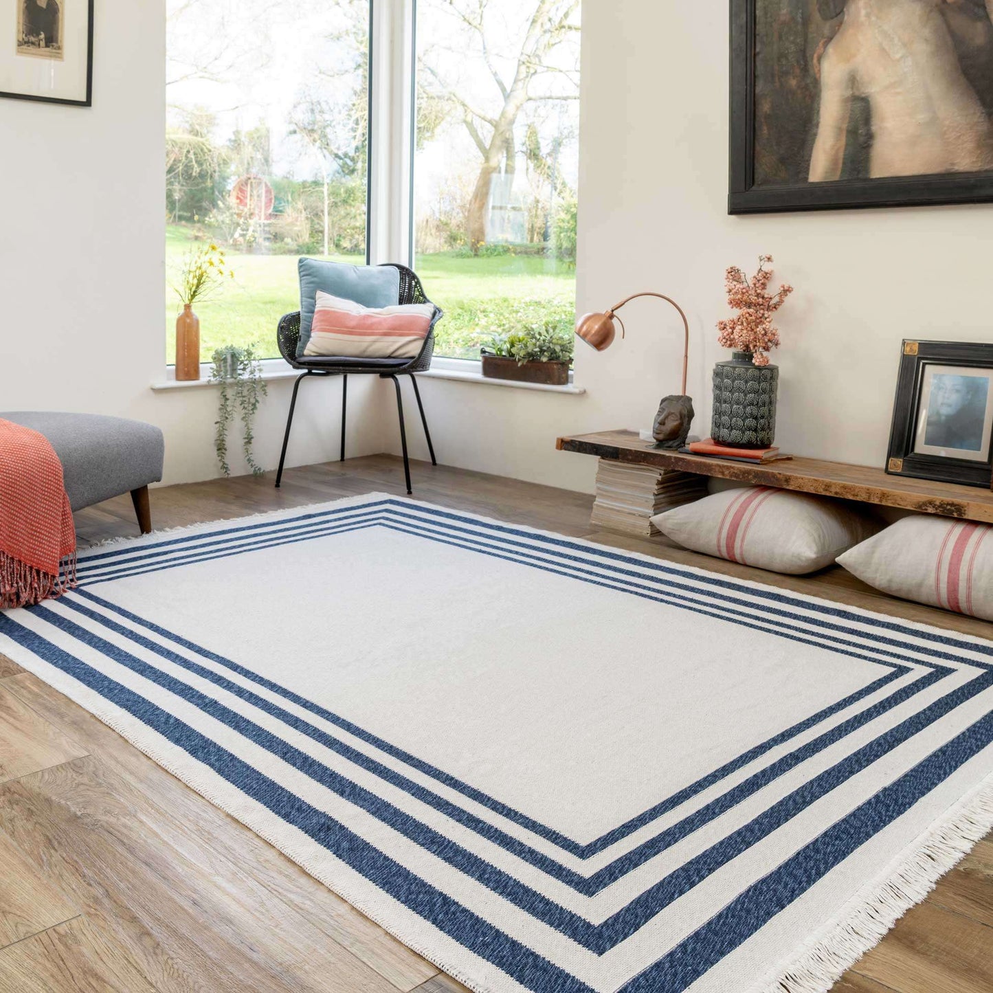 Reversible Cotton Navy Bordered Rug