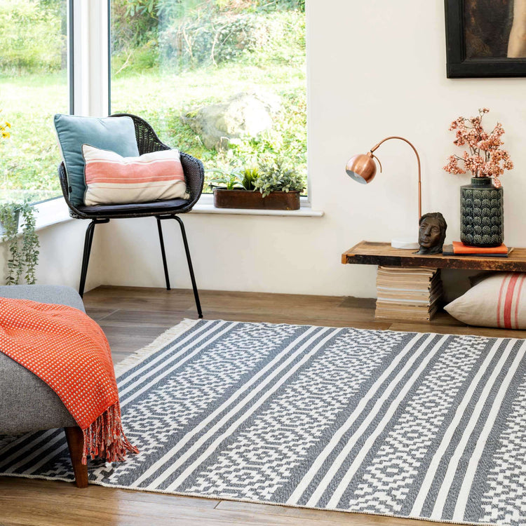 Reversible Cotton Grey Aztec Motif Rug