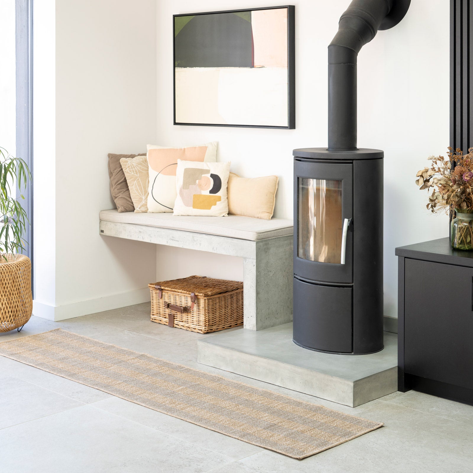 Washable Beige Striped Jute Style Runner - Leni