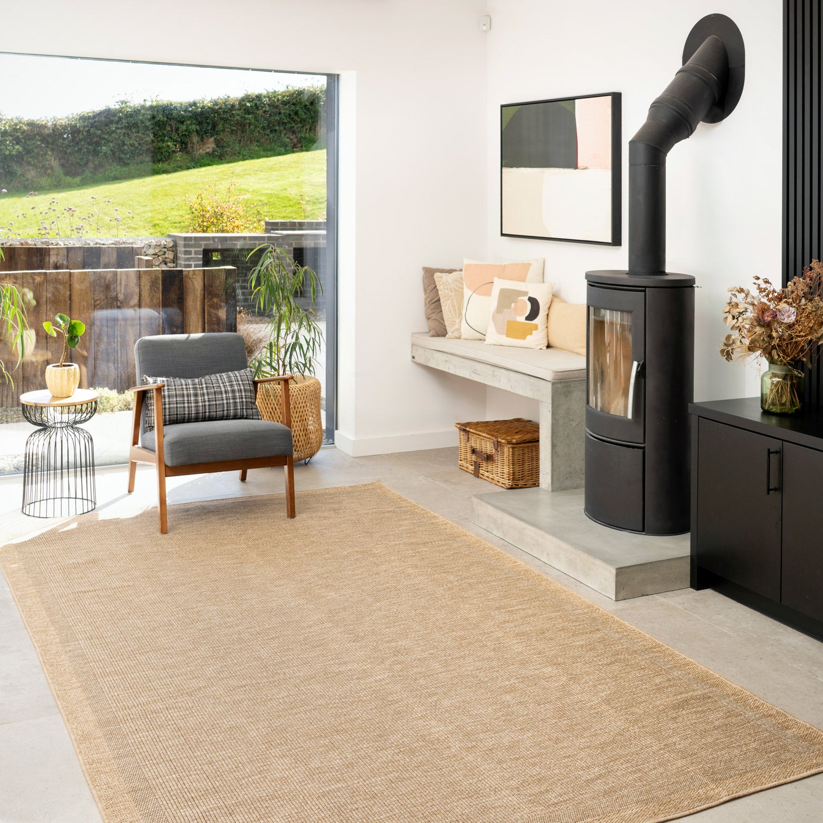 Washable Beige Border Jute Style Rug - Rayna