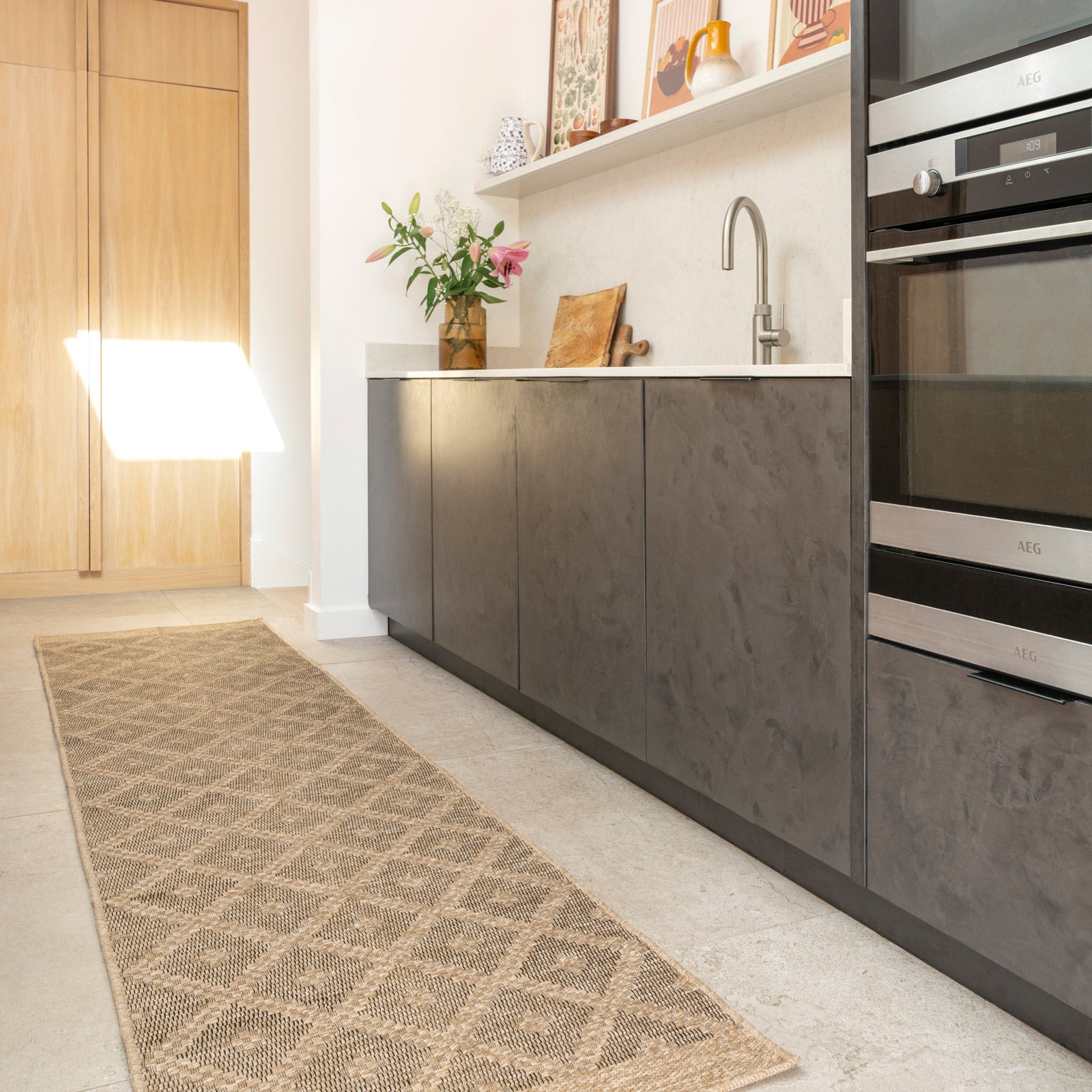 Washable Beige Diamond Jute Style Runner - Thea