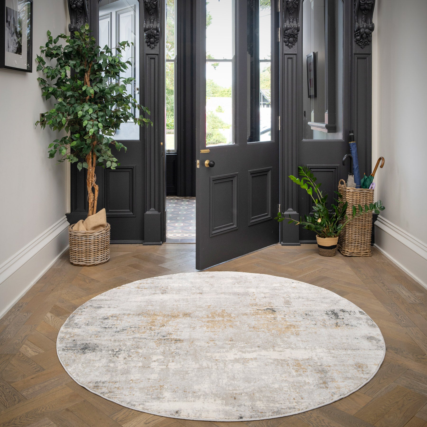 Modern Soft Grey Gold Distressed Abstract Living Room Rug - Moonshine