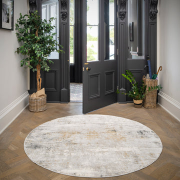 Soft Grey Gold Abstract Circle Rug - Moonshine