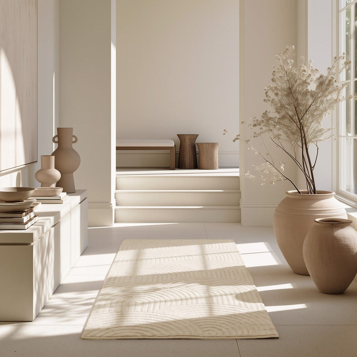 A minimalist beige runner rug with a wavy embossed pattern lies on a light stone floor in a bright, modern interior with large terracotta vases and dried branches.