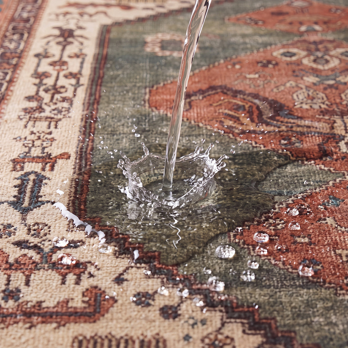 A close-up of a patterned area rug with water being poured onto its surface, showing water resistance and a darkened stain area where the water pools.