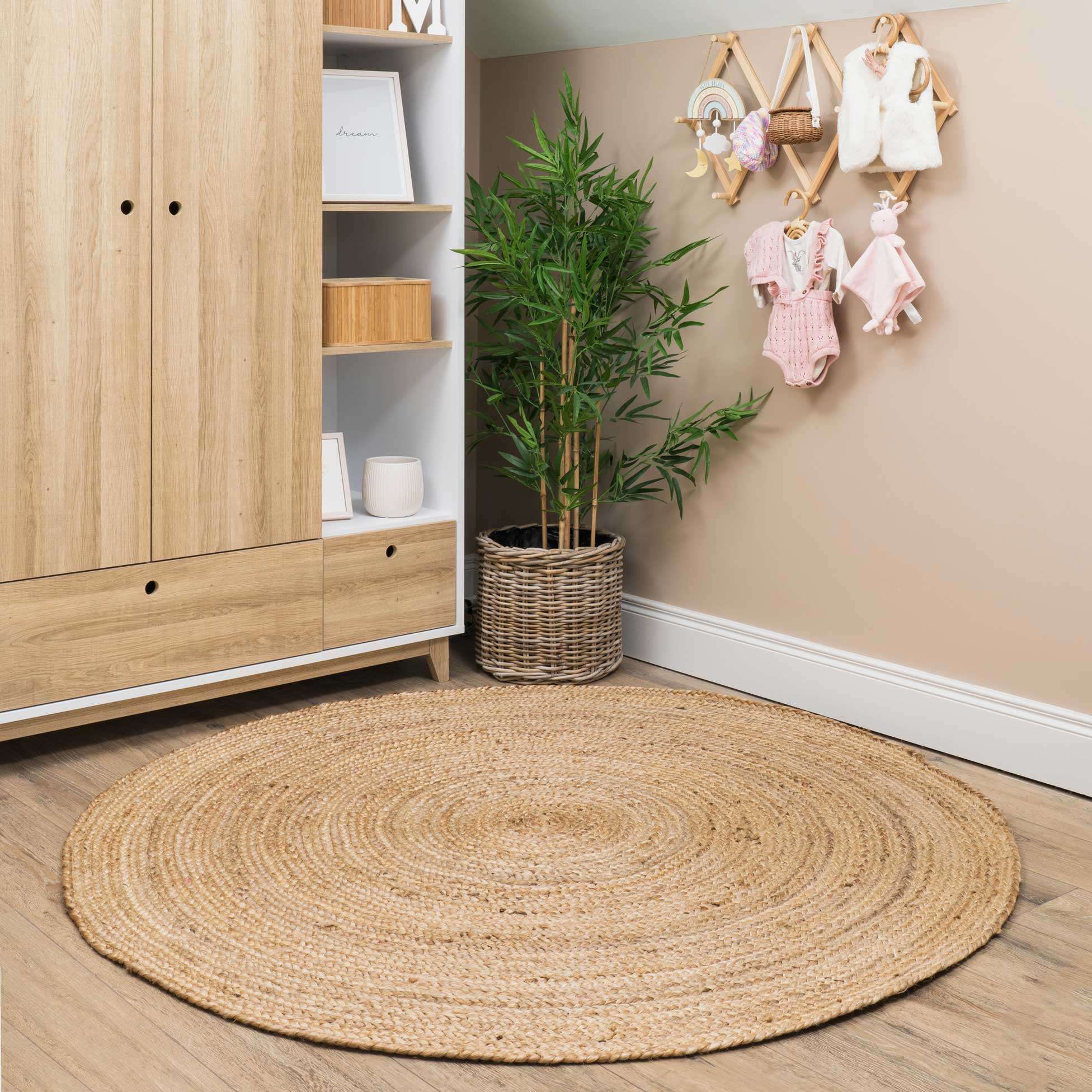 Rustic Jute Round Natural Circle Nursery Rug | Living Room