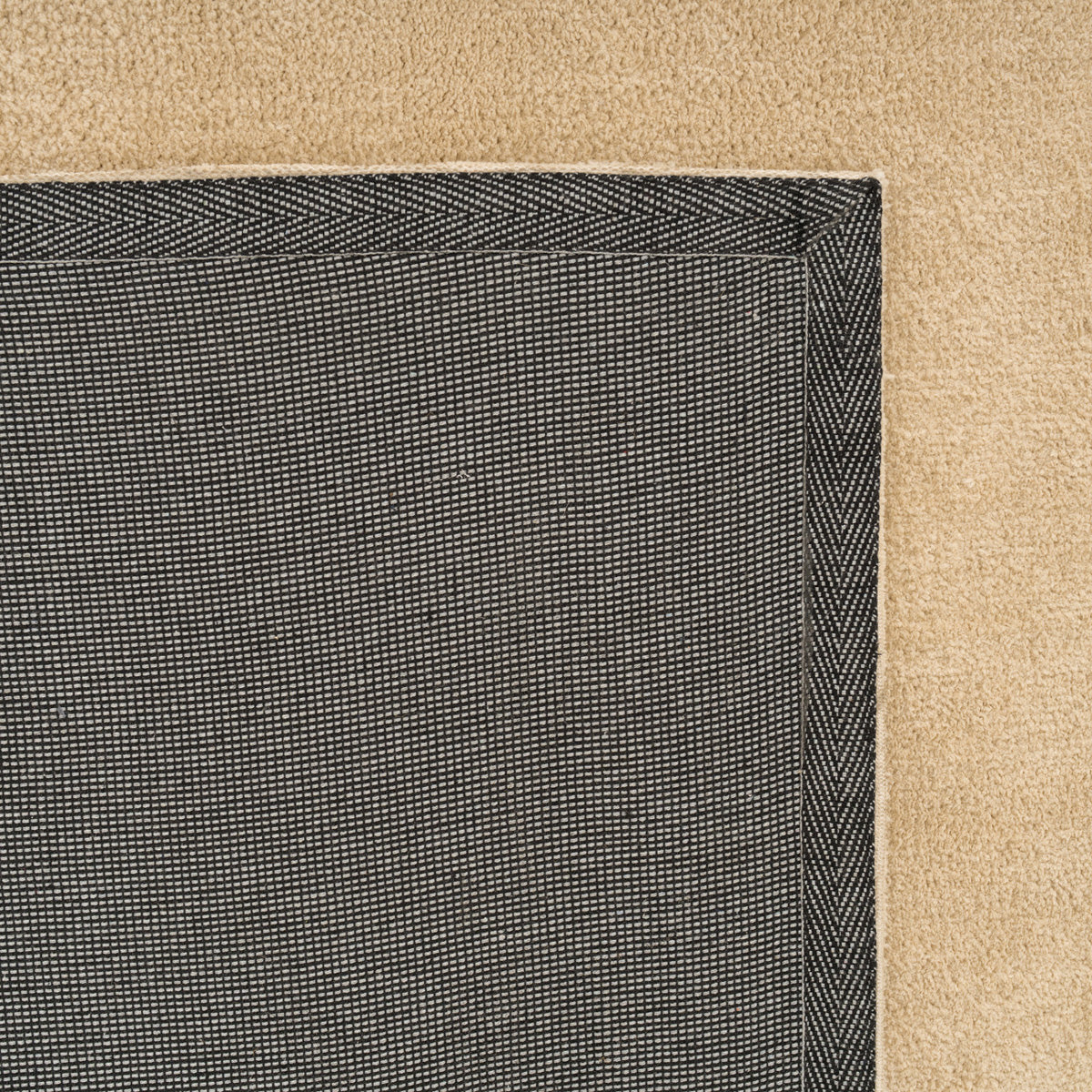 Close-up of a textured black rug corner on a beige carpet