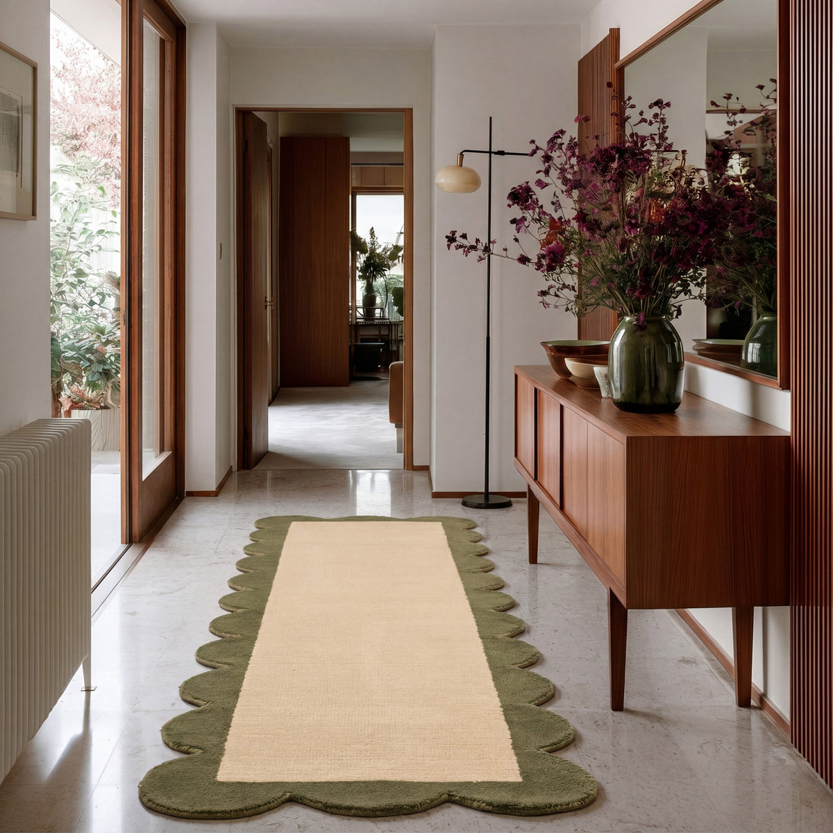 Earthy Green Scalloped Border Runner Rug - Sora