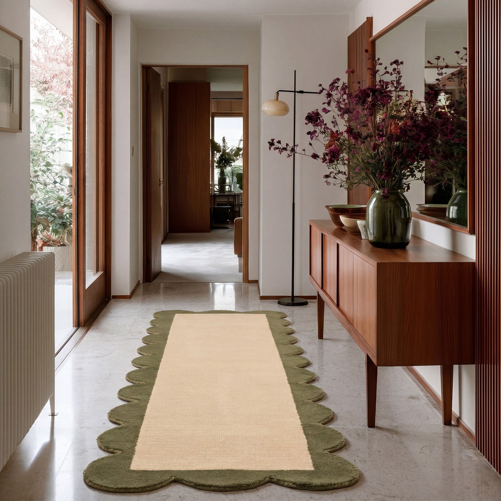 Earthy Green Scalloped Border Runner Rug - Sora