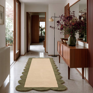 Earthy Green Scalloped Border Runner Rug - Sora
