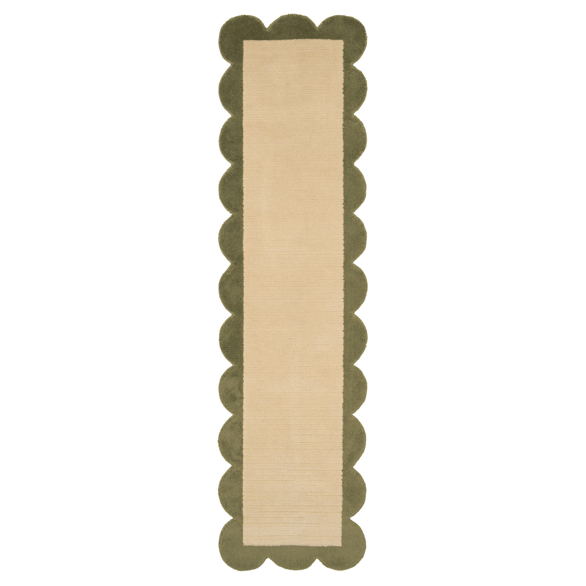Earthy Green Scalloped Border Runner Rug - Sora