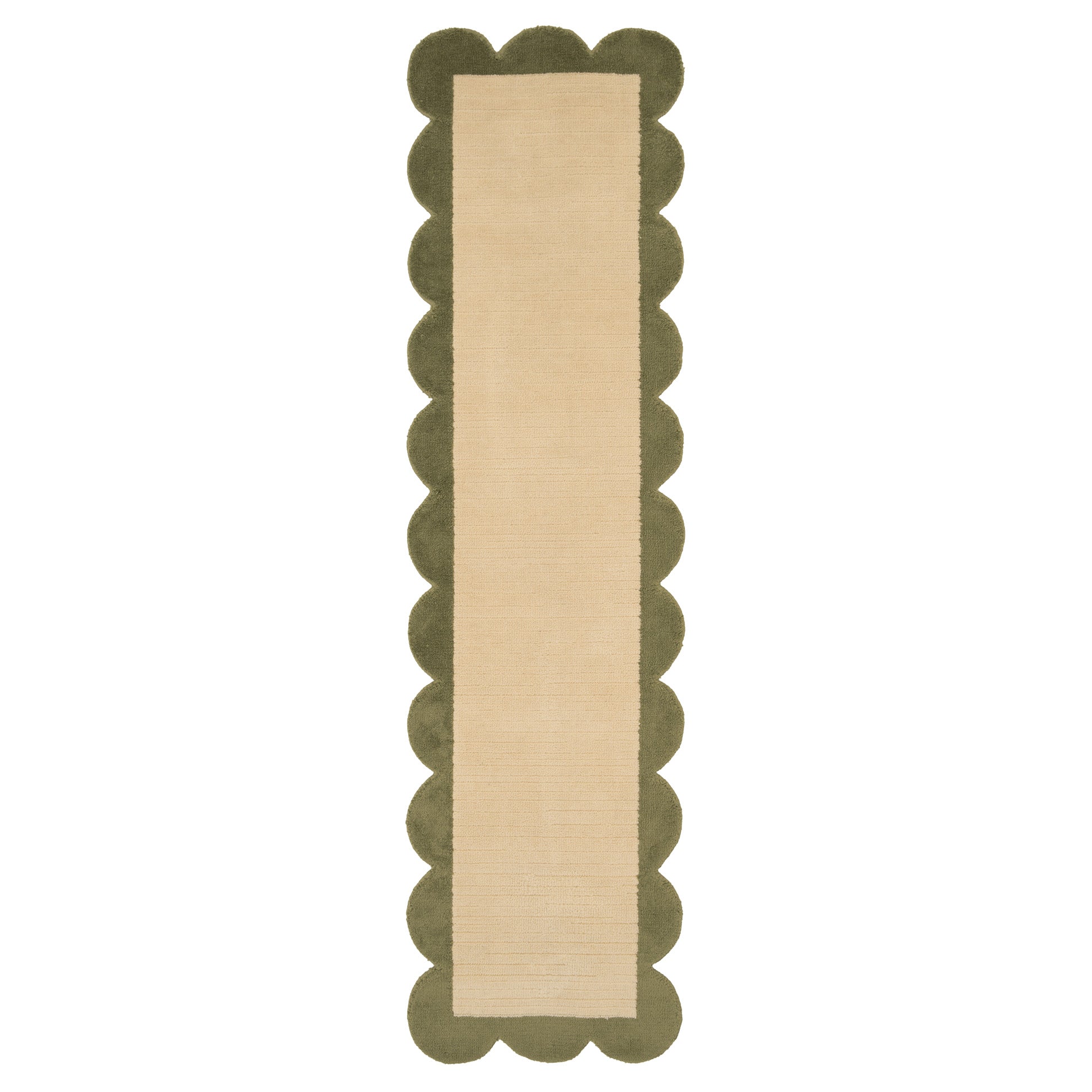 Earthy Green Scalloped Border Runner Rug - Sora