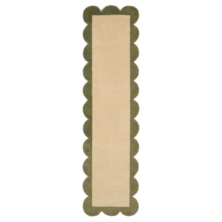 Earthy Green Scalloped Border Runner Rug - Sora