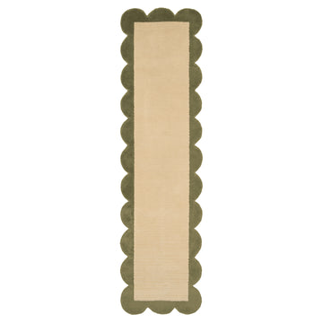 Earthy Green Scalloped Border Runner Rug - Sora