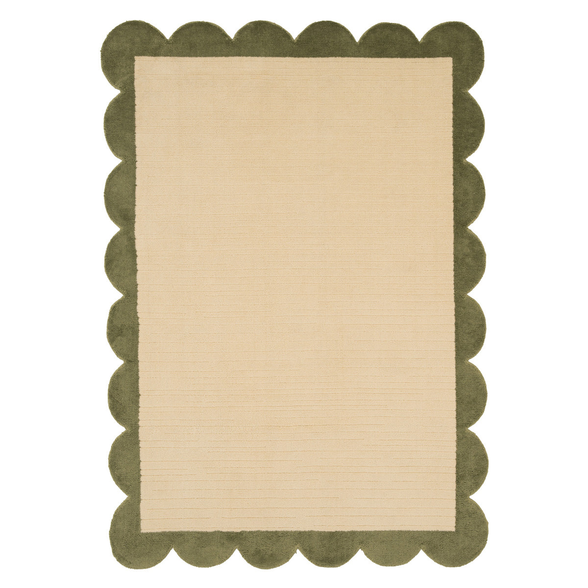 Beige rug with green scalloped edge on a white background