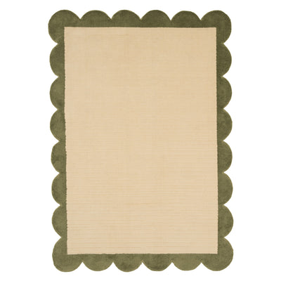 Earthy Green Scalloped Border Woven Rug - Sora