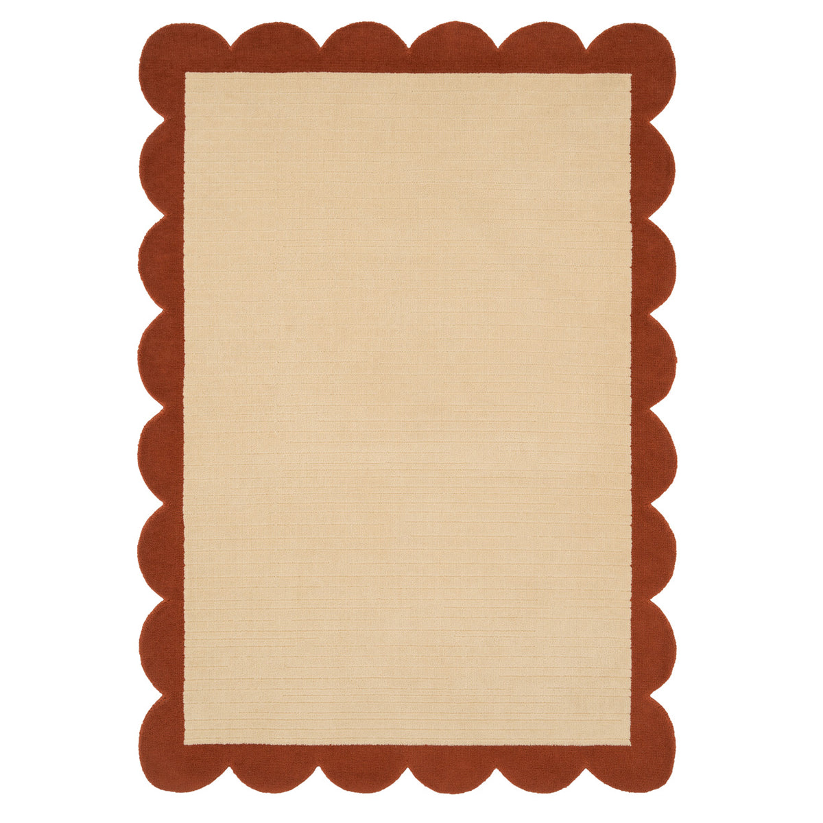 Rectangular rug with scalloped brown border on beige background
