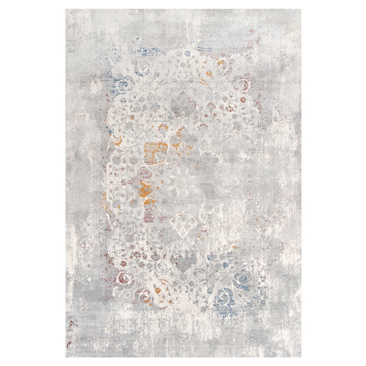 Ornate Soft Grey Distressed Medallion Living Room Rug