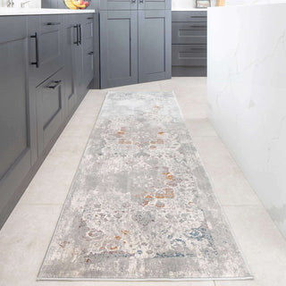 Ornate Soft Grey Distressed Medallion Living Room Rug