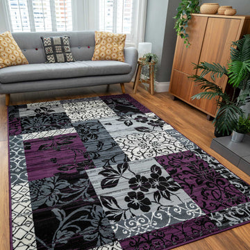 Purple Grey Modern Patchwork Bedroom Rugs