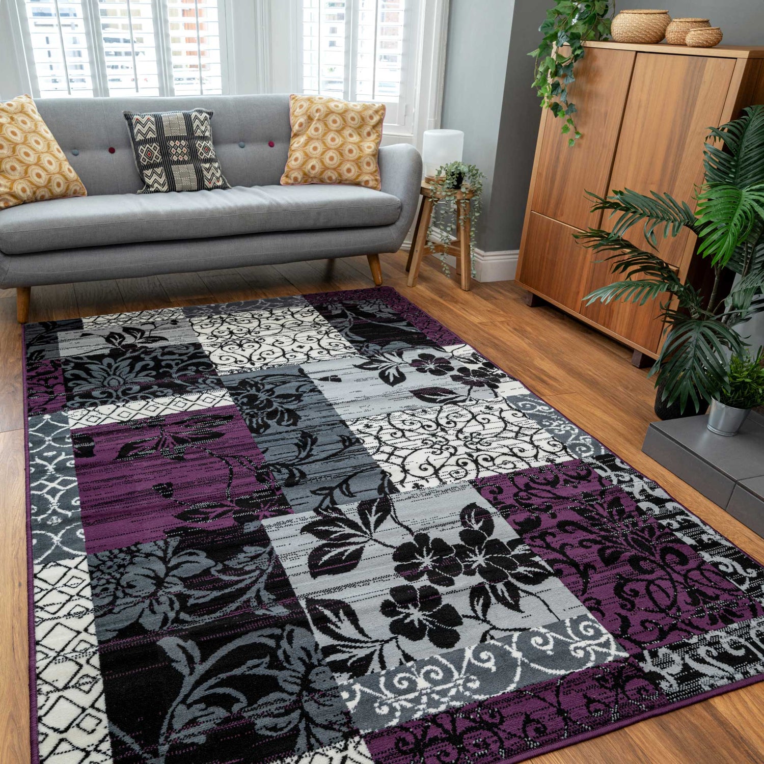 Purple Patchwork Rug Purple Grey Modern Patchwork Bedroom Rugs | Living Room Rugs | Kukoon ...