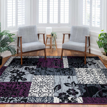Purple Grey Modern Patchwork Bedroom Rugs