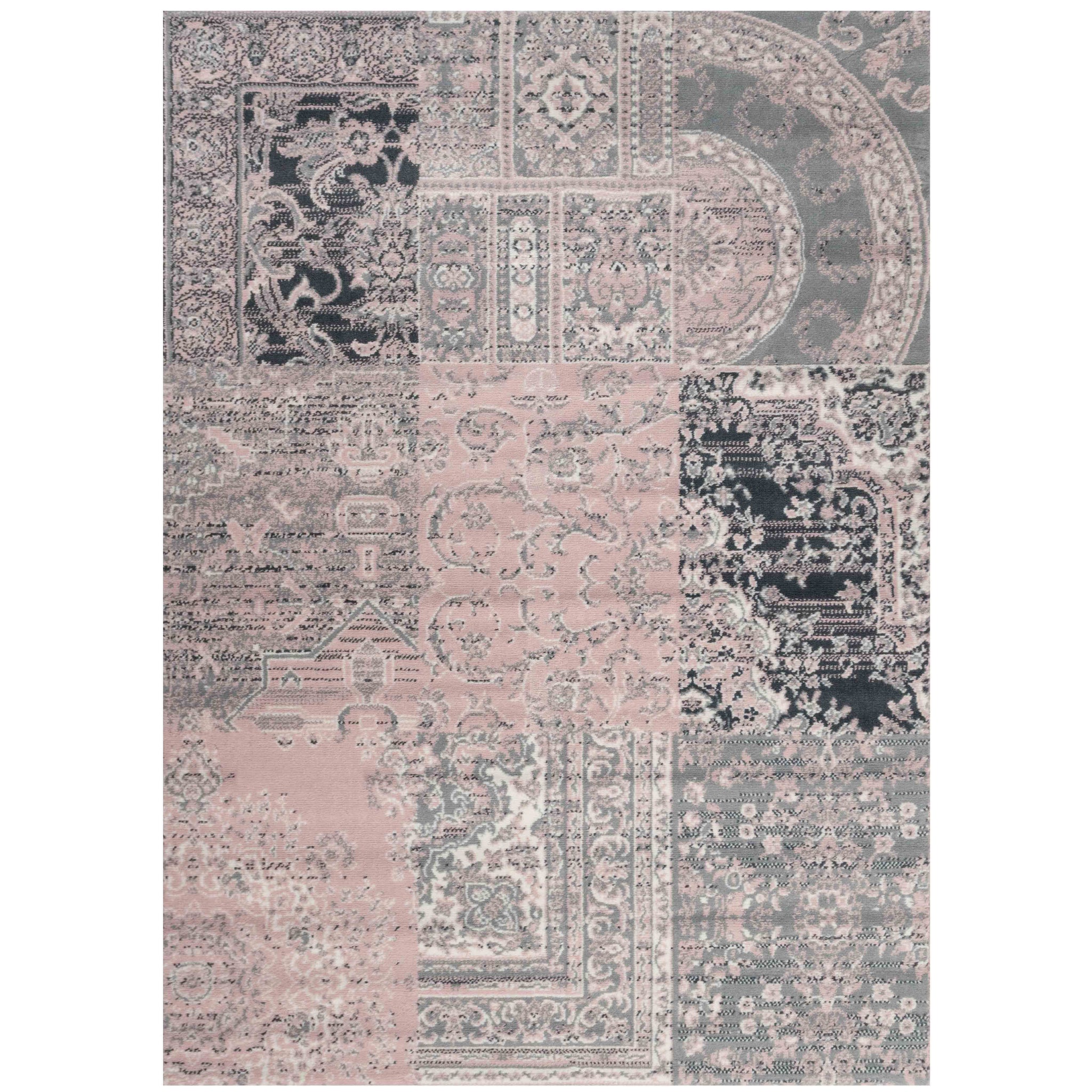 Pink Grey Traditional Patchwork Living Room Rug