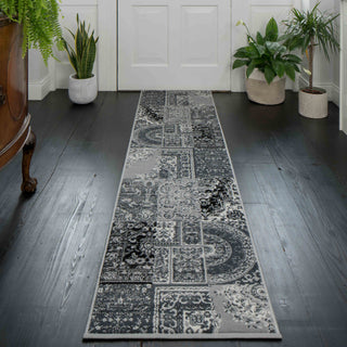 Black Grey Traditional Patchwork Runner Rug