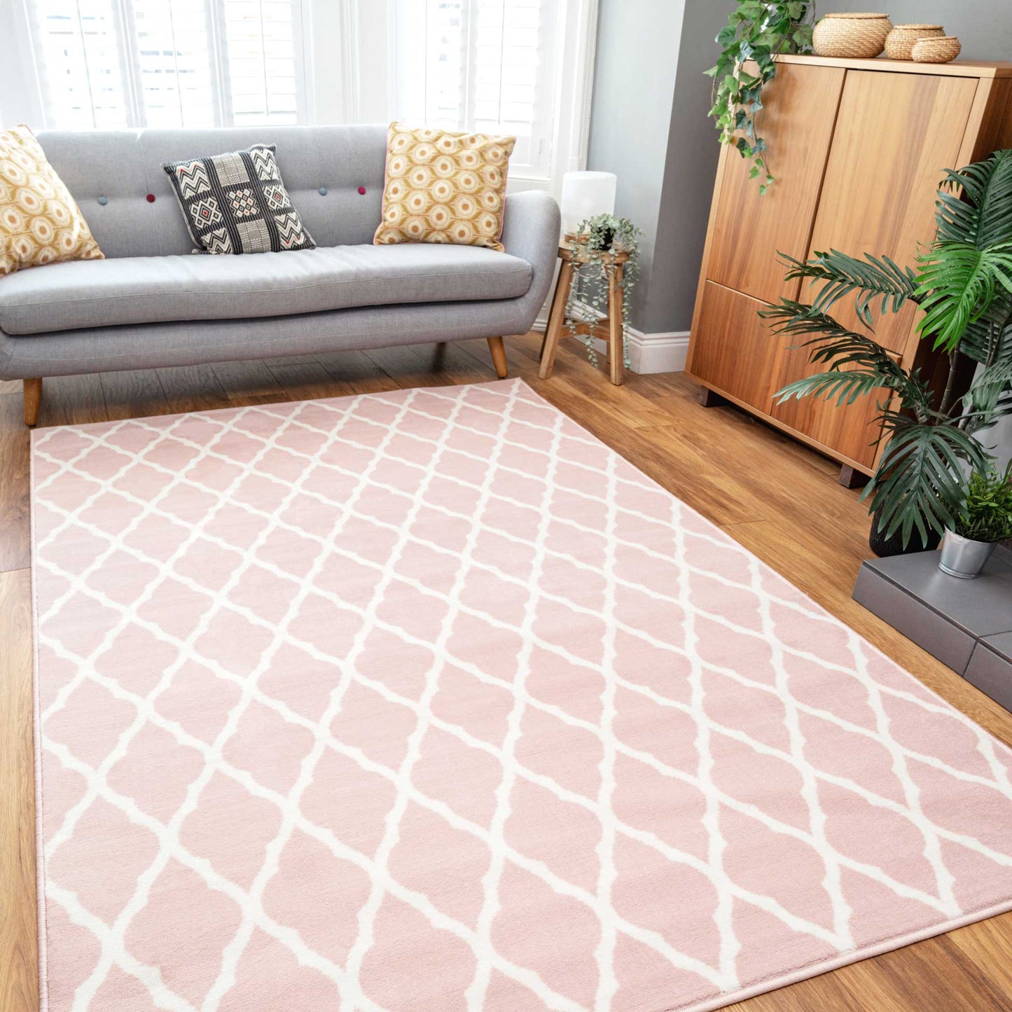 Pink Blush Moroccan Trellis Living Room Rug | Living Room Rugs | Kukoon ...