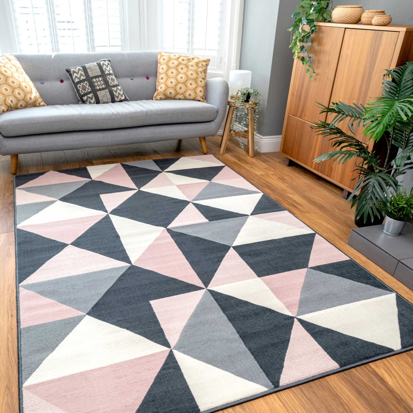 Pink Grey Diamond Geometric Living Room Rug
