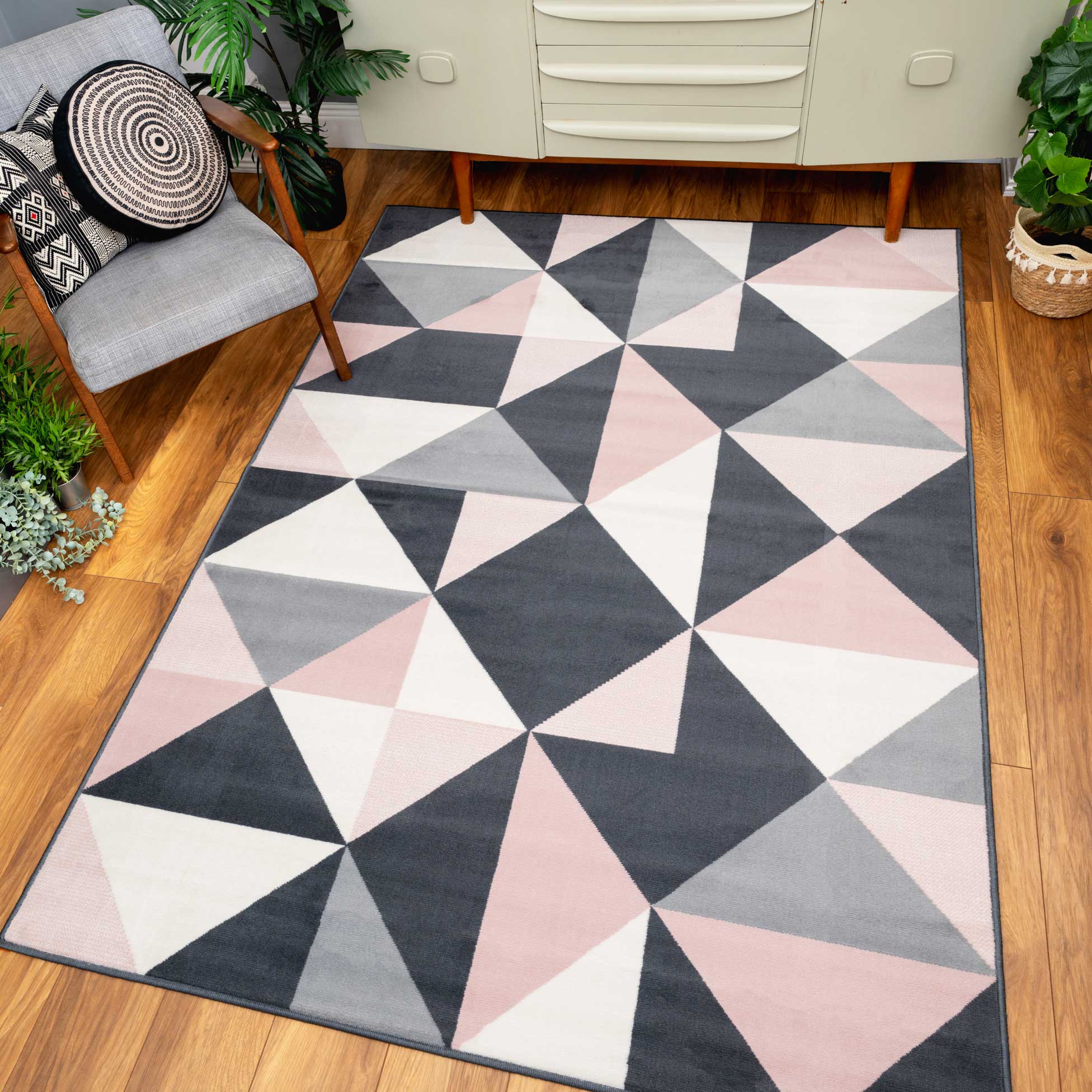 Pink Grey Diamond Geometric Living Room Rug