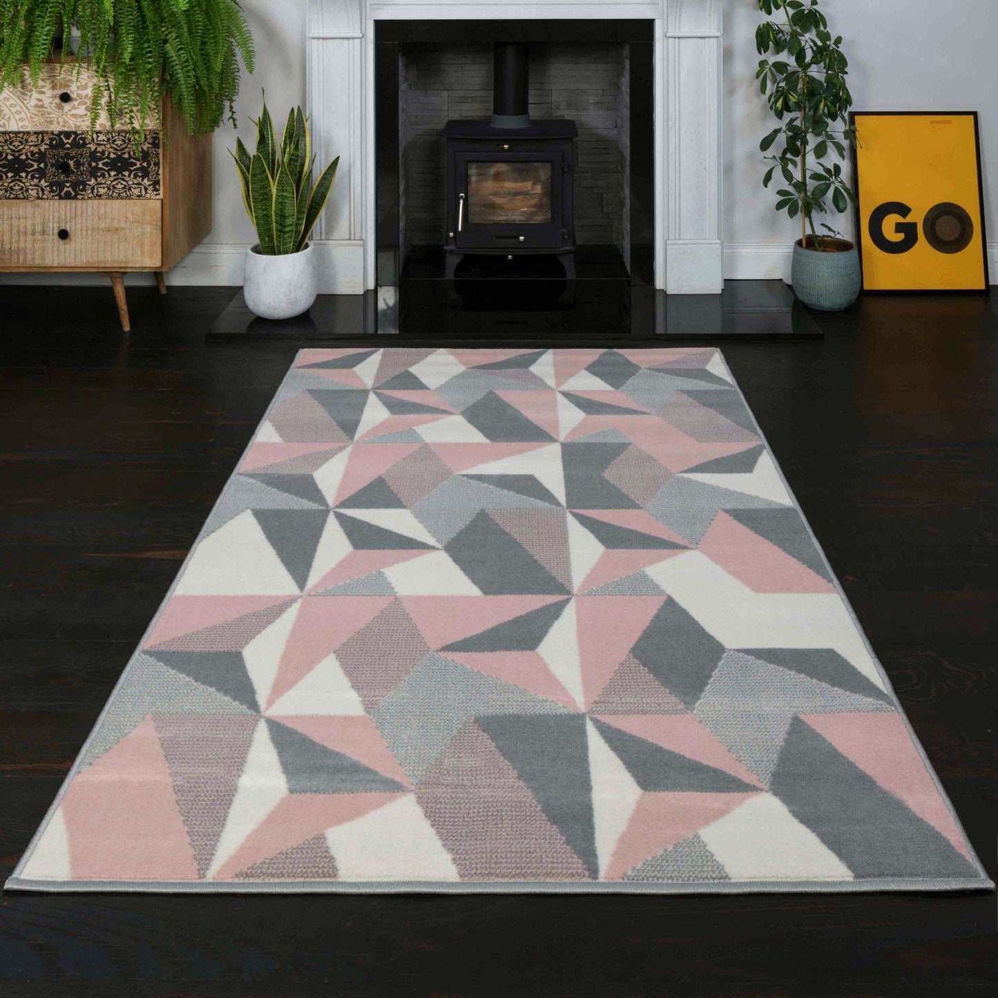 Pink Grey Modern Geometric Living Room Rug