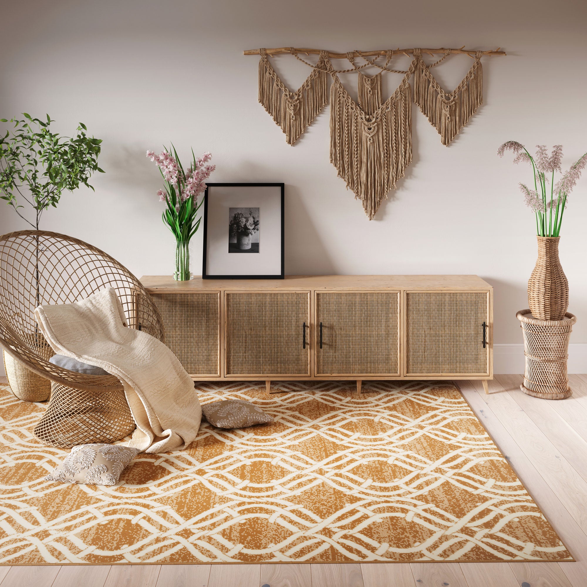 Beige Woven Trellis Living Room Rug