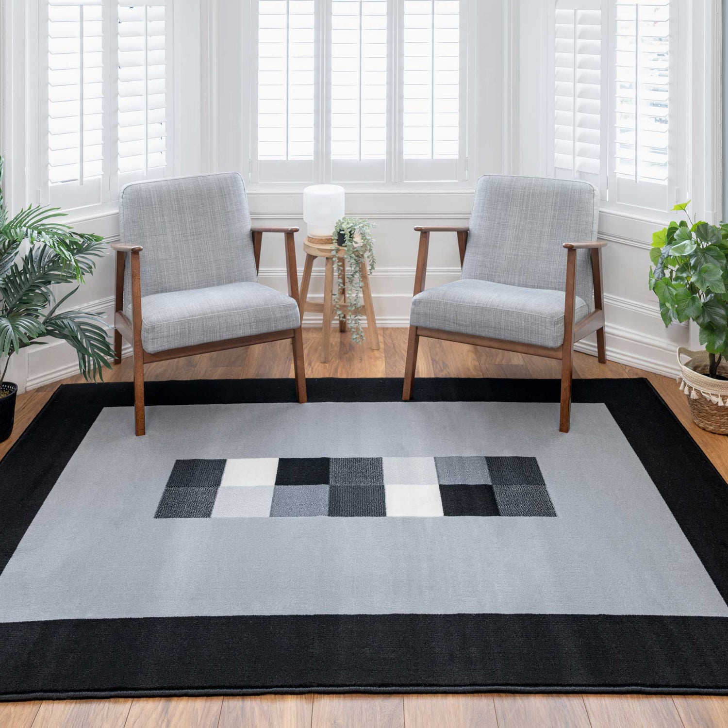 Black Gray String Rug Geometric Bordered Black and Grey Rug | Living Room Rugs | Kukoon Rugs ...