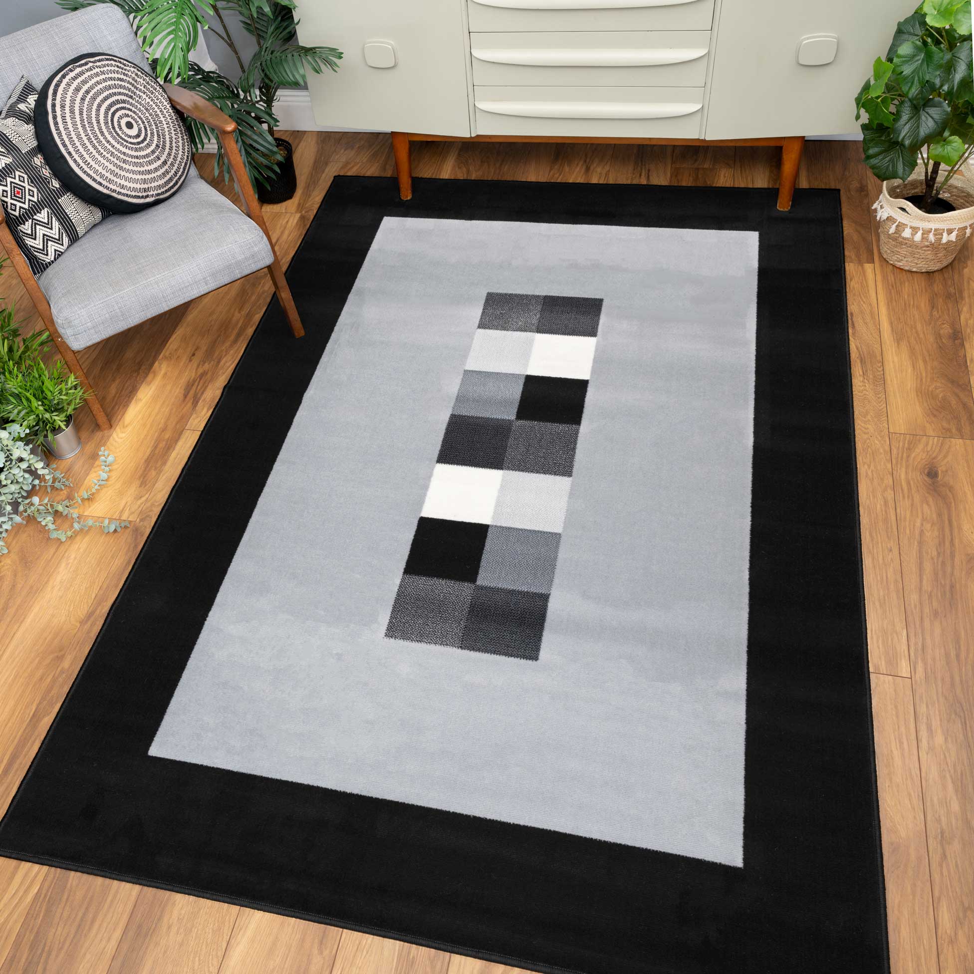 Geometric Bordered Black and Grey Rug