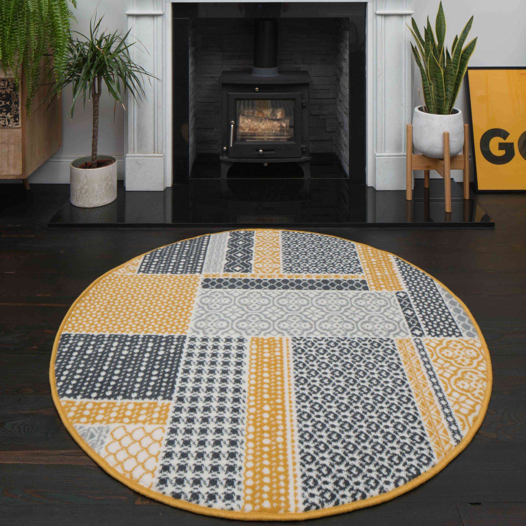 Round Circle Ochre Patchwork Rug | Living Room Rugs | Kukoon Rugs Online