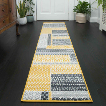 Yellow Grey Patchwork Hallway Runner Rug