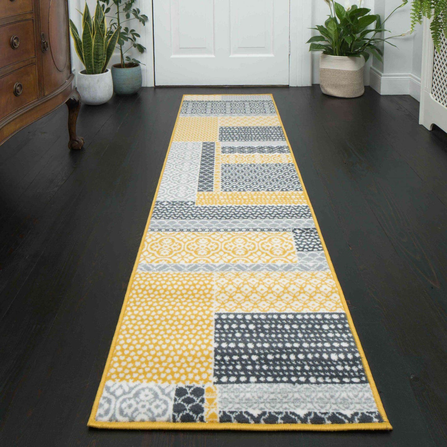 Entryway Rug Yellow Yellow Grey Patchwork Hallway Runner Rug | Runner Rugs | Kukoon Rugs Online