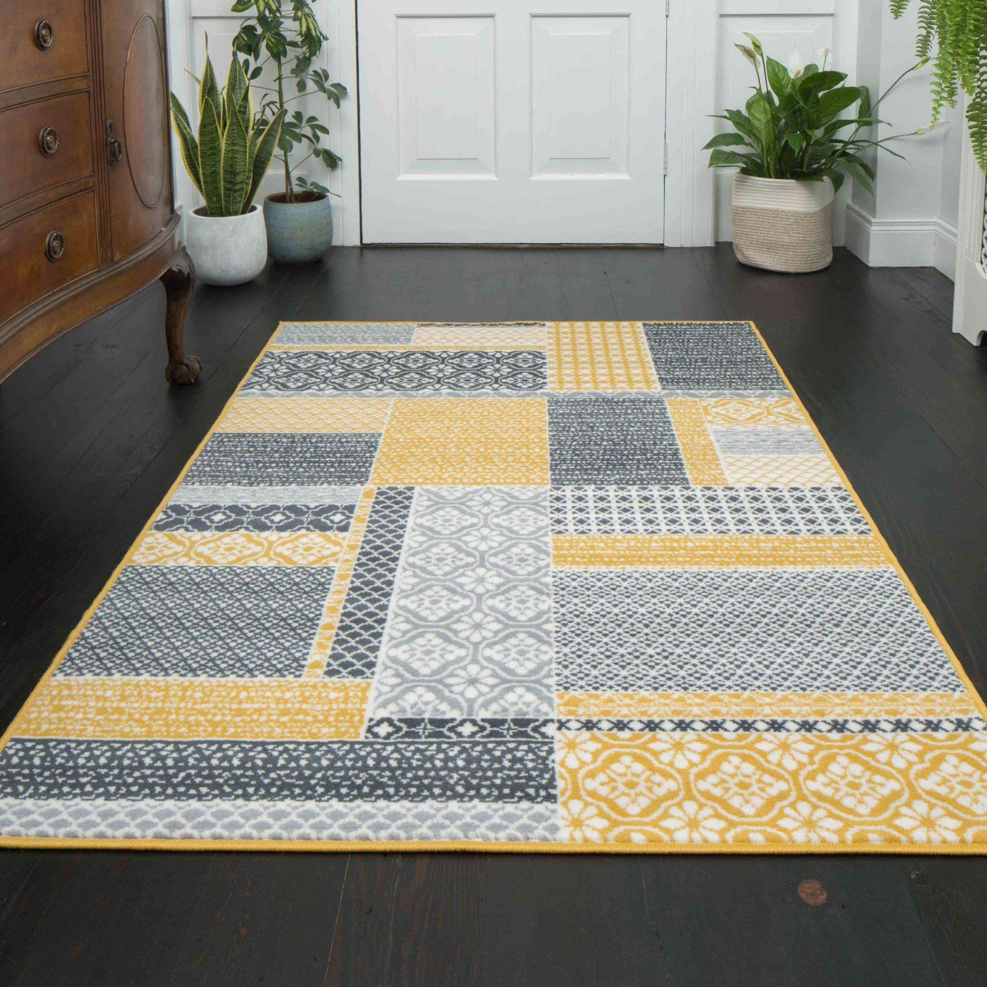Yellow Grey Patchwork Hallway Runner Rug