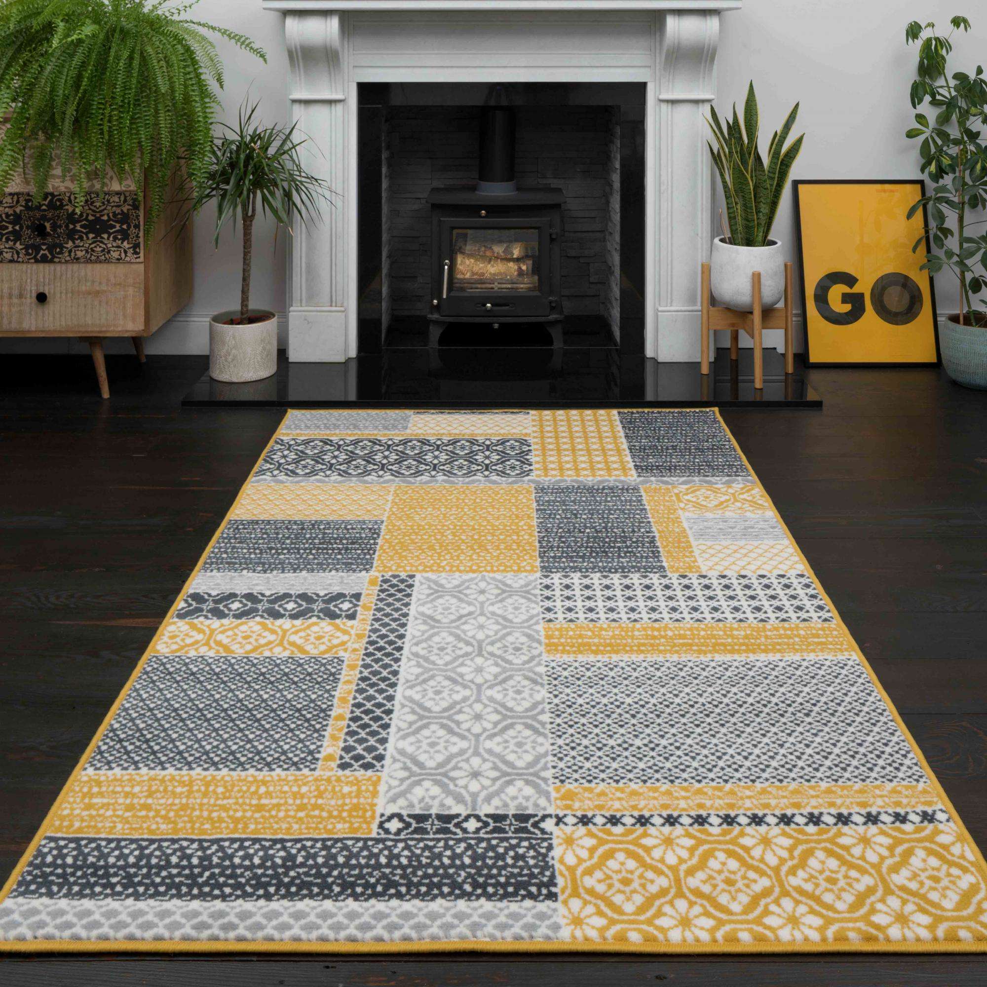 Ochre Grey Patchwork Rug