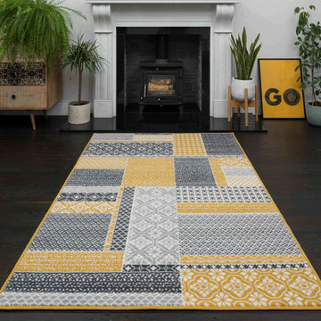Ochre Grey Patchwork Rug