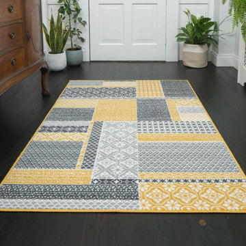 Ochre Grey Patchwork Rug